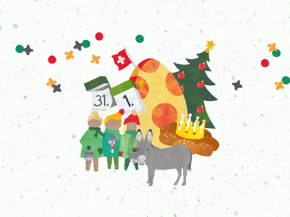 Collage Schweizer Bräuche und Feiertage mit Esel, Dreikönigskuchen, Tannenbaum und Schweizer Flagge auf gesprenkeltem Hintergrund.