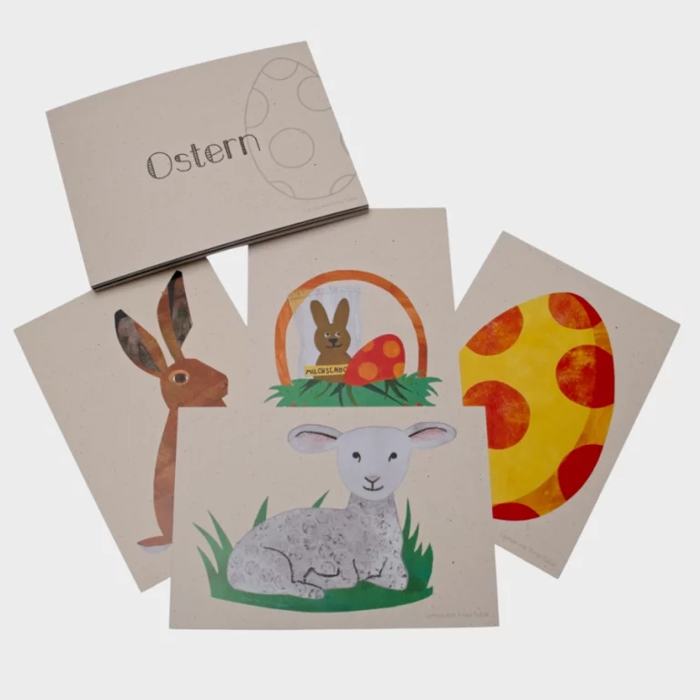 Illustrationen von Osterhase, Lamm und Osterei auf Lernkarten für den Unterricht in der Schweiz.