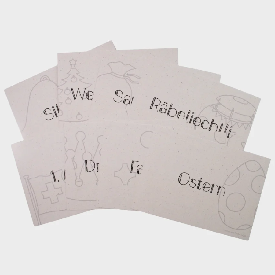 Verschiedene Deckblätter für Lernkarten zu Schweizer Traditionen wie Räbeliechtli, Ostern und Silvester.