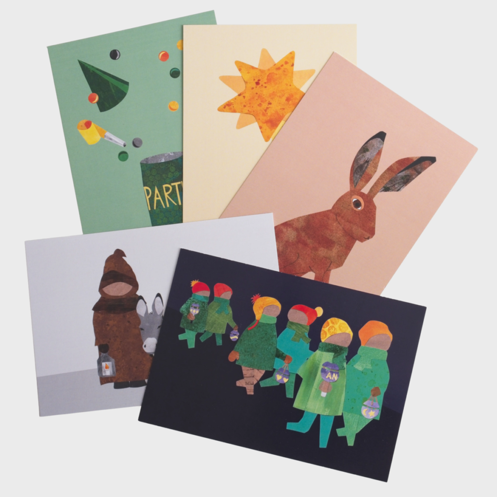 Fünf illustrierte Postkarten zu Schweizer Festen wie Räbeliechtli-Umzug, Ostern und Samichlaus für Erwachsene und Kinder.