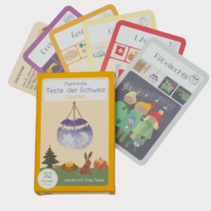 Quartett-Spiel Feste der Schweiz von Lernen mit Frau Tulpe mit 32 illustrierten Lernkarten für Kinder und Erwachsene.