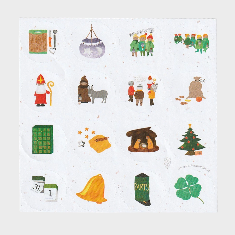 Stickerbogen mit Illustrationen zu Samichlaus, Adventskalender und Weihnachten für das visuelle Lernen im Zyklus 1.