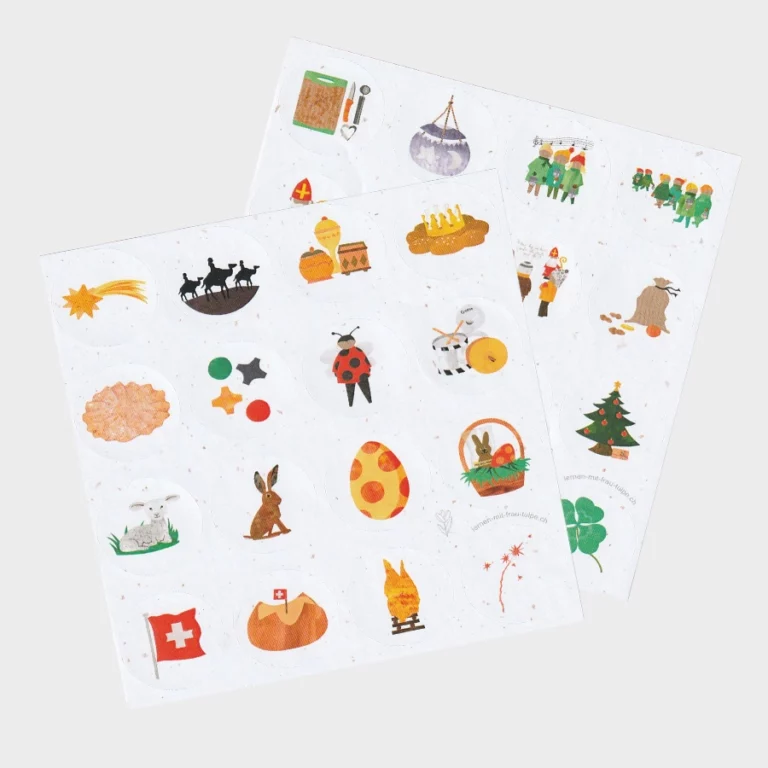 Zwei übereinanderliegende Stickerbögen mit Motiven zu Schweizer Bräuchen für Kindergarten und Unterstufe.