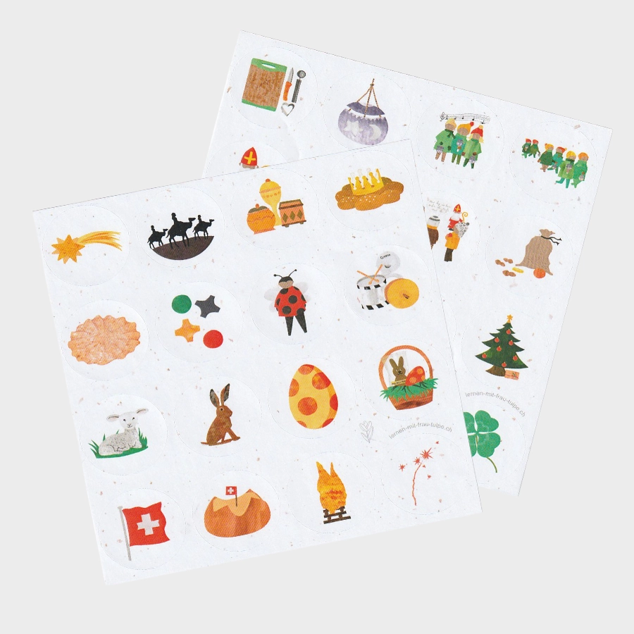 Zwei übereinanderliegende Stickerbögen mit Motiven zu Schweizer Bräuchen für Kindergarten und Unterstufe.