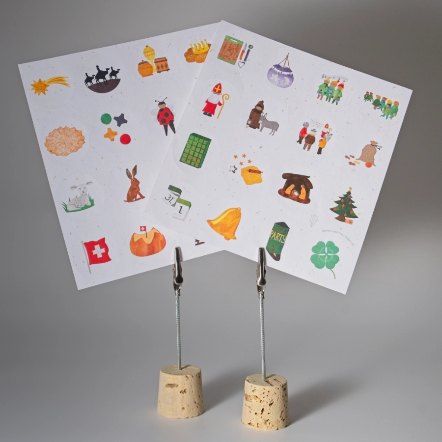 Pädagogische Stickerbögen mit Illustrationen zu Schweizer Traditionen und Bräuchen als visuelle Unterstützung für den Kindergarten- und Primarschulunterricht.