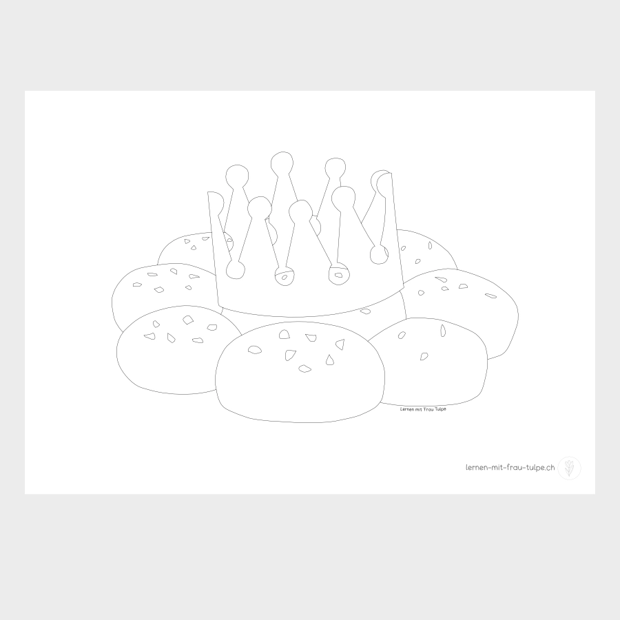Malvorlage Dreikönigskuchen mit Krone für Kinder in der Schweiz zum Ausmalen und Basteln am Dreikönigstag.