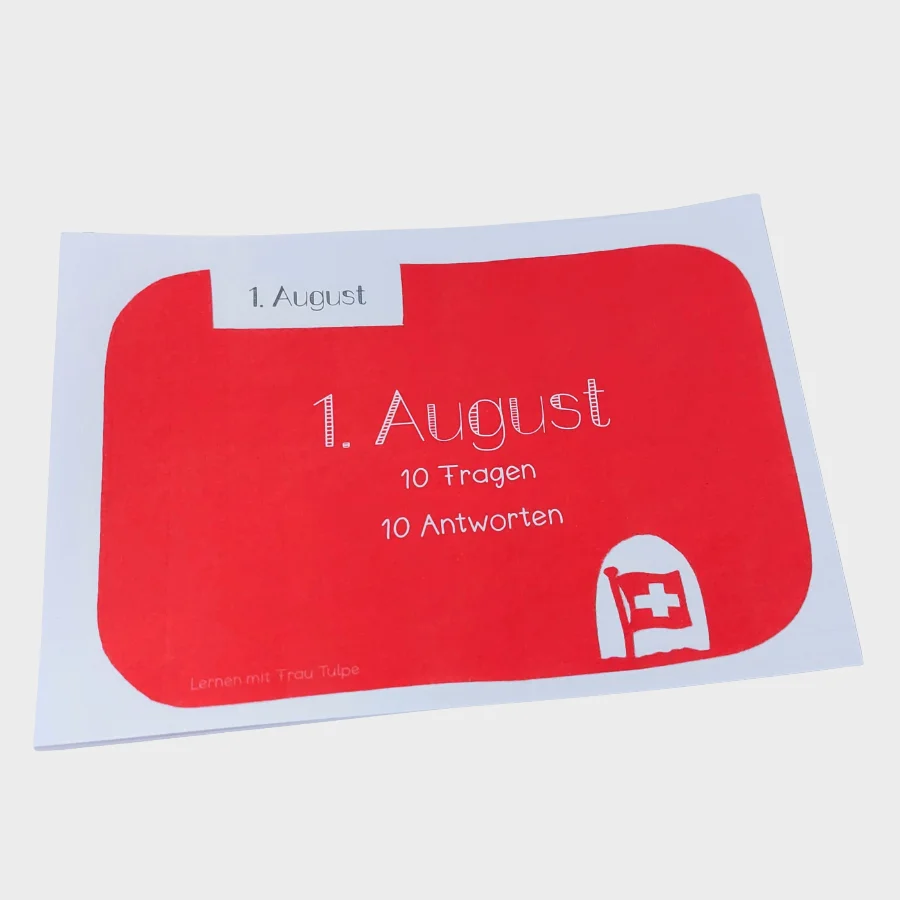 Rote Lernkarte zum Schweizer Nationalfeiertag mit Aufschrift '1. August – 10 Fragen, 10 Antworten'.
