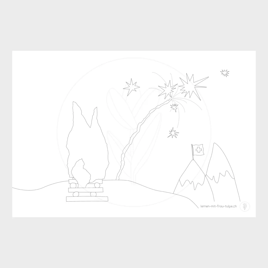 Unausgemaltes Schweizer 1. August Ausmalbild mit Bergen, Schweizerfahne und Höhenfeuer für Lernen mit Frau Tulpe.