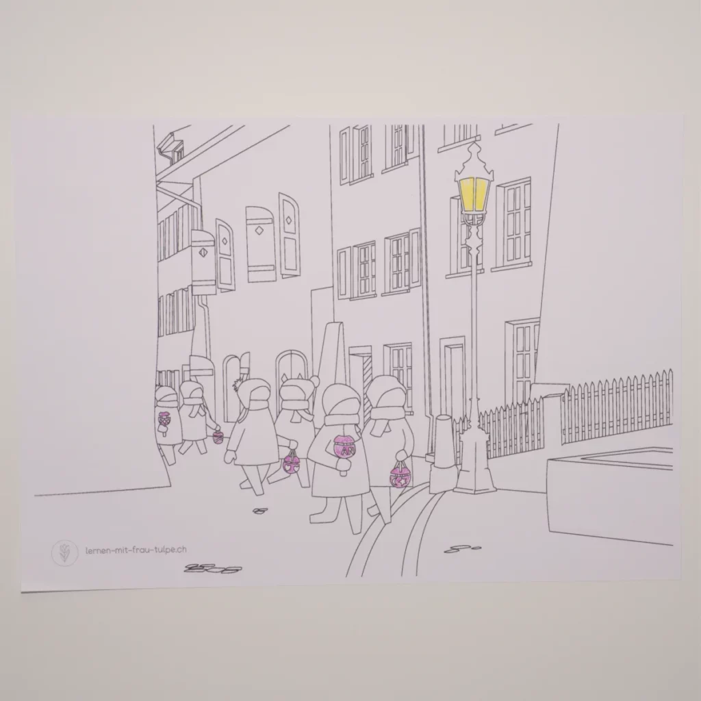 Ausmalbild mit Kindern beim Räbeliechtli-Umzug in einer Altstadt für den Unterricht in der Schweiz.