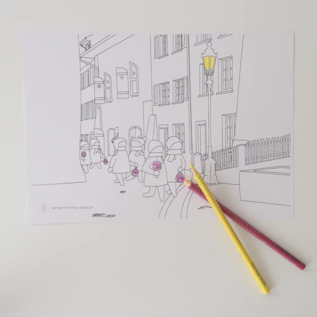 Ausmalbild Räbeliechtli-Umzug auf Papier mit gelbem und rosa Buntstift für Schweizer Volksschulen.