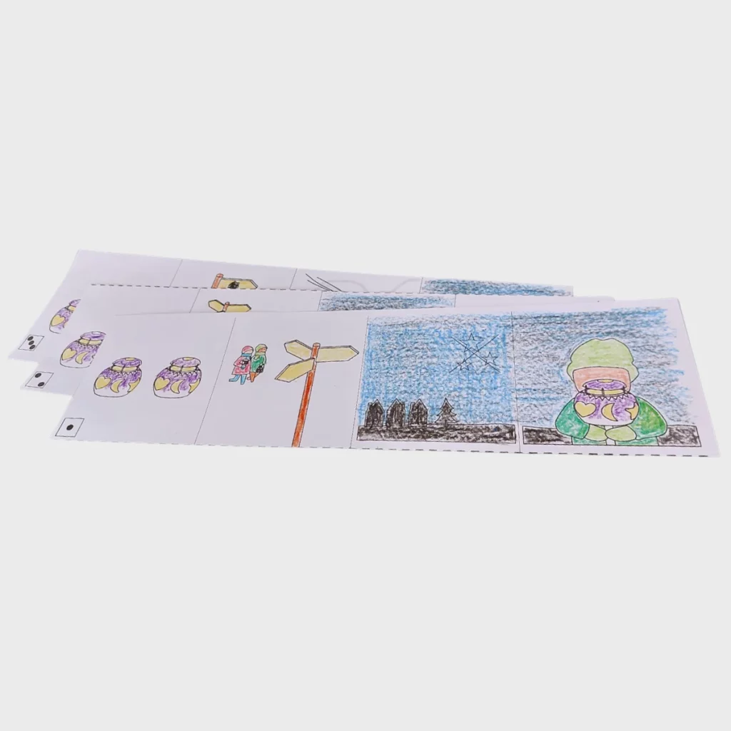Mehrere aufeinanderliegende Papierstreifen, die als Liederstreifen für den Räbeliechtliumzug gestaltet sind. Auf den handillustrierten Abschnitten sind verschiedene Motive wie geschnitzte Räben, Wegweiser, eine nächtliche Stadtlandschaft ohne Sternen und Kinder mit Laternen in. Mit Wachsmalkreide ausgemalt.